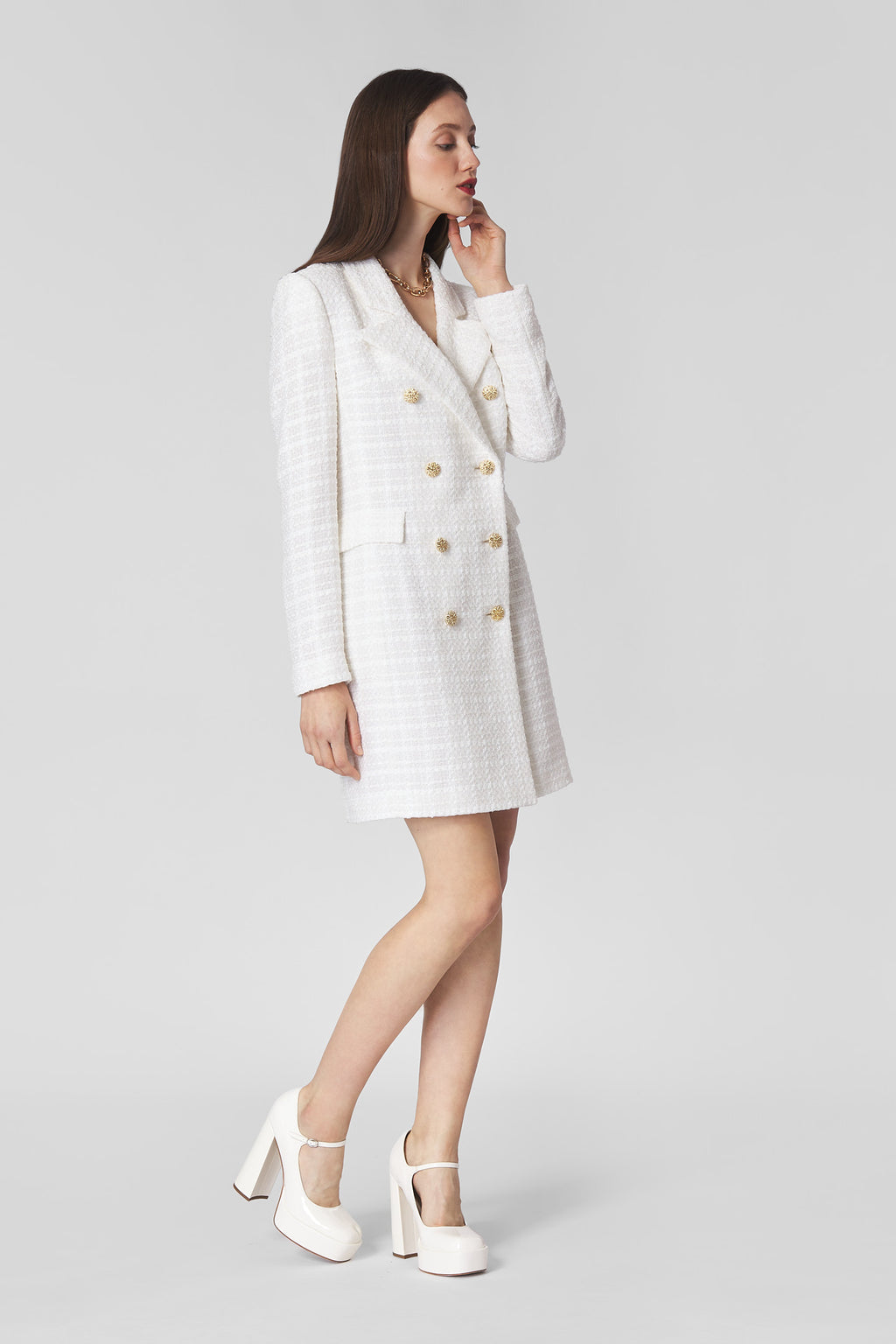White tweed coat dress with golden buttons