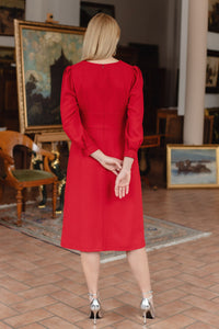Elegant red wool crepe midi dress