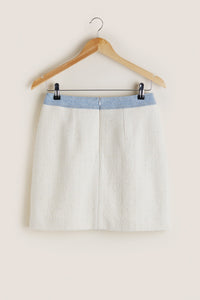 Ecru boucle skirt with denim panel