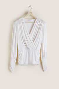 Cream wrap front long sleeve blouse with ruching