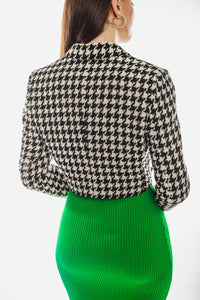 Black and white houndstooth tweed cropped blazer