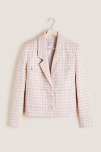 Ecru and pink houndstooth tweed jacket