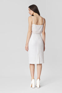 High-waisted white tweed pencil skirt
