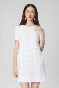 White tweed shift dress with pockets