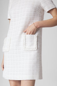 White tweed shift dress with pockets